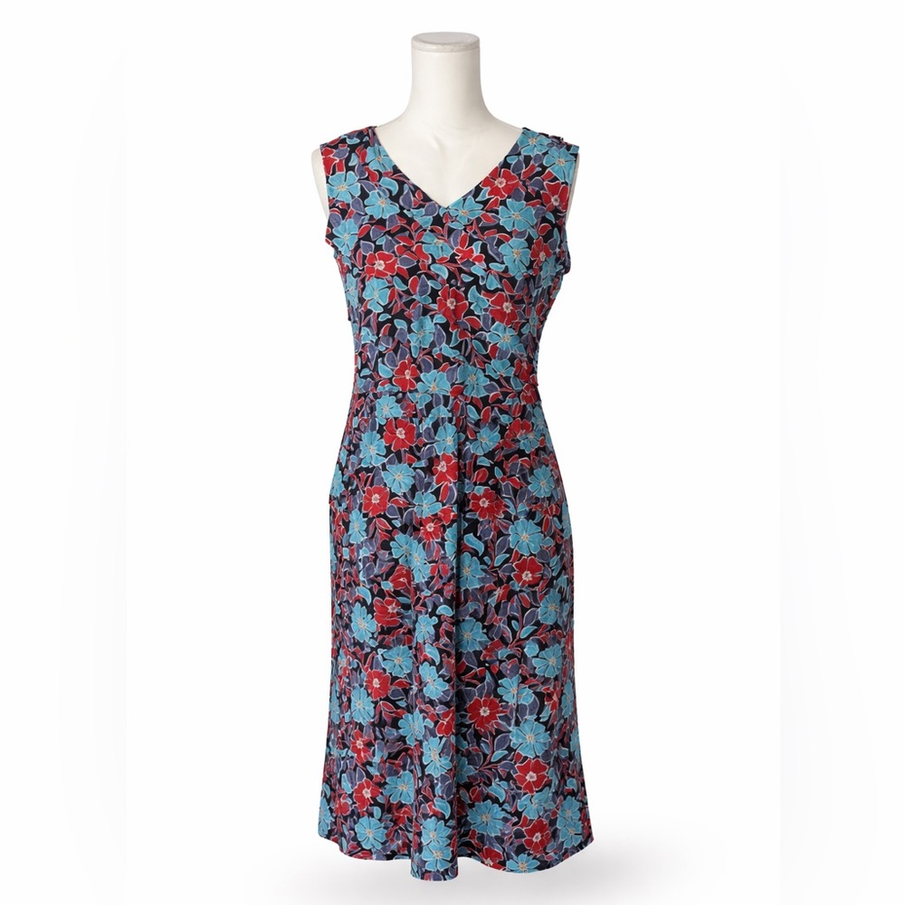 Floral Midi Dress Blue Red V Neck Sleeveless A-Line Size 8 Summer - Picture 3 of 9